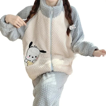 Pochacco Pajamas Kawaii Sanrio Cute Girl Coral Fleece Thicken Keep Warm Tracksuit Set - Lusy Store LLC