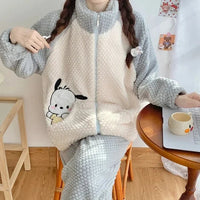 Pochacco Pajamas Kawaii Sanrio Cute Girl Coral Fleece Thicken Keep Warm Tracksuit Set - Lusy Store LLC