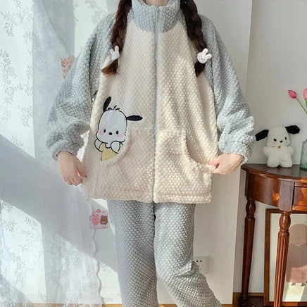 Pochacco Pajamas Kawaii Sanrio Cute Girl Coral Fleece Thicken Keep Warm Tracksuit Set - Lusy Store LLC