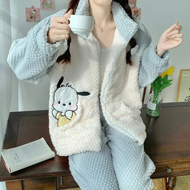 Pochacco Pajamas Kawaii Sanrio Cute Girl Coral Fleece Thicken Keep Warm Tracksuit Set - Lusy Store LLC