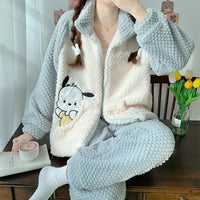 Pochacco Pajamas Kawaii Sanrio Cute Girl Coral Fleece Thicken Keep Warm Tracksuit Set - Lusy Store LLC