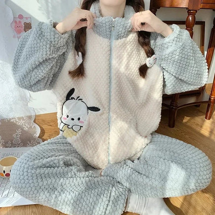 Pochacco Pajamas Kawaii Sanrio Cute Girl Coral Fleece Thicken Keep Warm Tracksuit Set - Lusy Store LLC