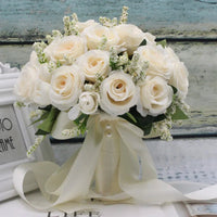 Prom bouquet artificial natural rose bouquet with silk satin ribbon White