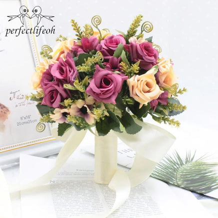 Prom bouquet artificial natural rose bouquet with silk satin ribbon