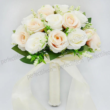 Prom bouquet artificial natural rose bouquet with silk satin ribbon White Champagne