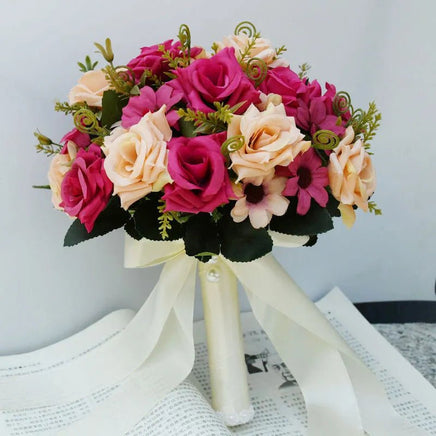 Prom bouquet artificial natural rose bouquet with silk satin ribbon Rose Red