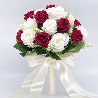 Prom bouquet artificial natural rose bouquet with silk satin ribbon Wine Red White