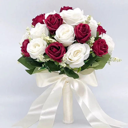 Prom bouquet artificial natural rose bouquet with silk satin ribbon Wine Red White