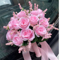 Prom bouquet artificial natural rose bouquet with silk satin ribbon Pink