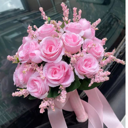 Prom bouquet artificial natural rose bouquet with silk satin ribbon Pink