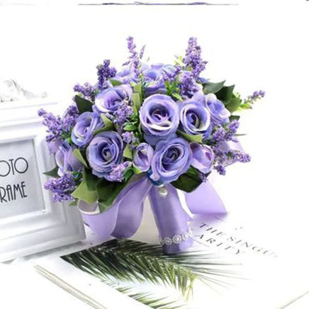 Prom bouquet artificial natural rose bouquet with silk satin ribbon Purple