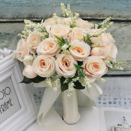 Prom bouquet artificial natural rose bouquet with silk satin ribbon Champagne