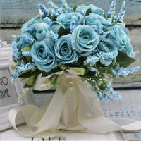 Prom bouquet artificial natural rose bouquet with silk satin ribbon Blue