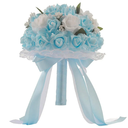 Prom bouquet bridal bridesmaid artificial silk rose flowers with lace B-Blue United States