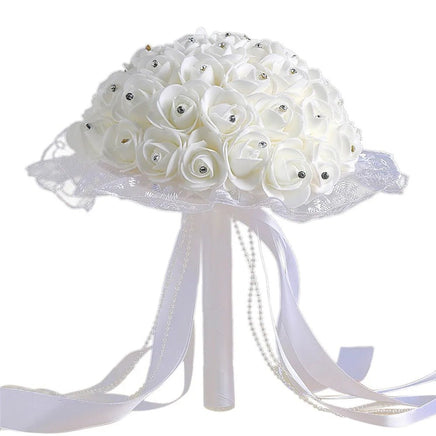 Prom bouquet bridal bridesmaid artificial silk rose flowers with lace A-White United States
