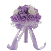 Prom bouquet bridal bridesmaid artificial silk rose flowers with lace B-Purple United States