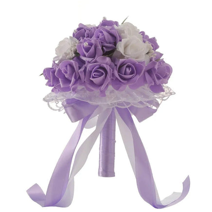 Prom bouquet bridal bridesmaid artificial silk rose flowers with lace B-Purple United States