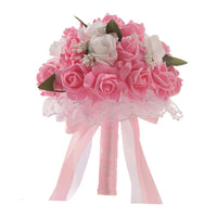 Prom bouquet bridal bridesmaid artificial silk rose flowers with lace B-Pink United States