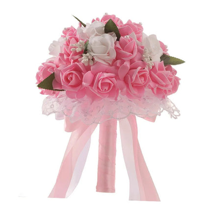 Prom bouquet bridal bridesmaid artificial silk rose flowers with lace B-Pink United States