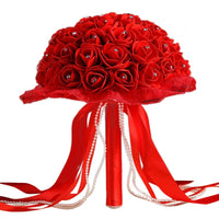 Prom bouquet bridal bridesmaid artificial silk rose flowers with lace A-Red United States