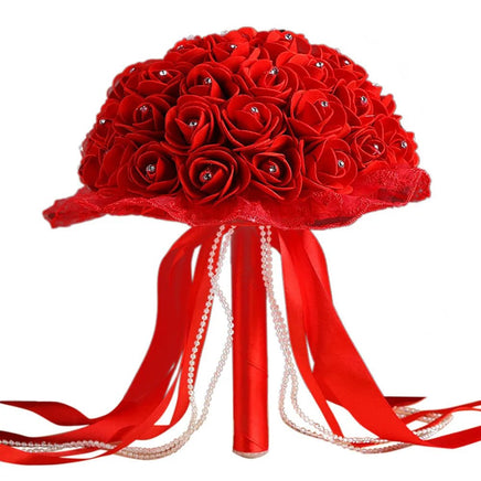 Prom bouquet bridal bridesmaid artificial silk rose flowers with lace A-Red United States