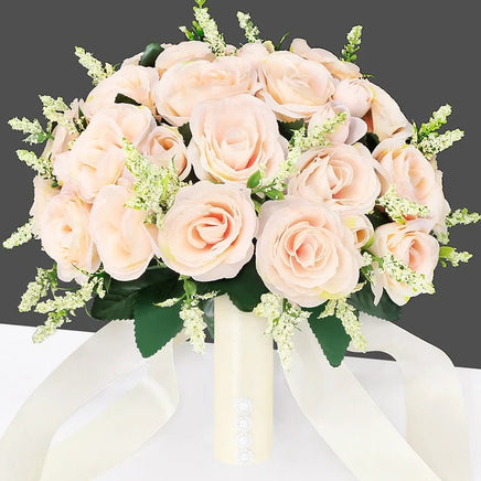 Prom Bouquet Bride Bridesmaid Silk Ribbon Artificial Roses Champagne