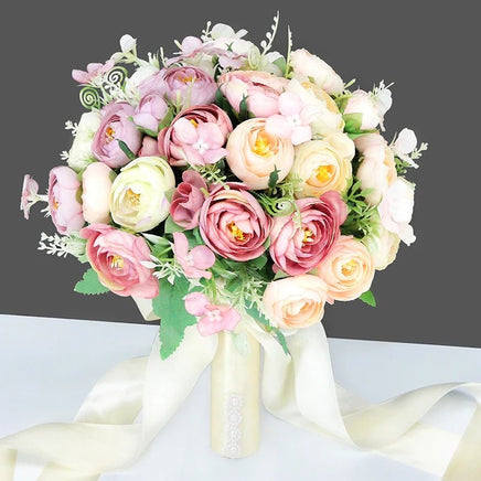 Prom Bouquet Bride Bridesmaid Silk Ribbon Artificial Roses Deep Pink 2