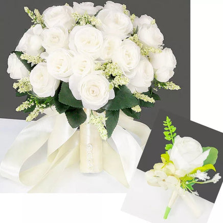 Prom Bouquet Bride Bridesmaid Silk Ribbon Artificial Roses White 2