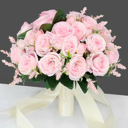 Prom Bouquet Bride Bridesmaid Silk Ribbon Artificial Roses Pink 1
