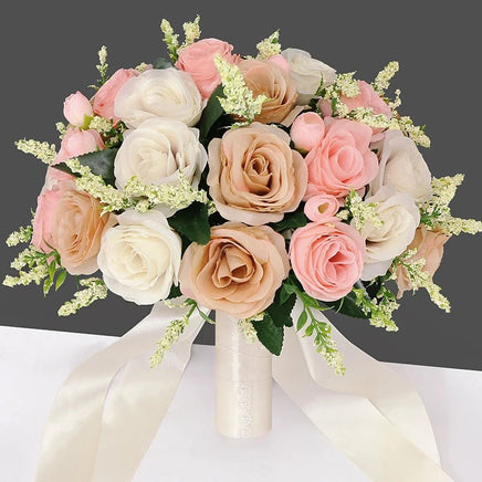 Prom Bouquet Bride Bridesmaid Silk Ribbon Artificial Roses Deep Pink 1