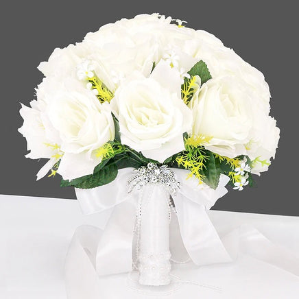 Prom Bouquet Bride Bridesmaid Silk Ribbon Artificial Roses White 3