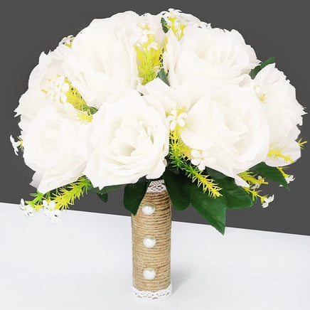 Prom Bouquet Bride Bridesmaid Silk Ribbon Artificial Roses White 4