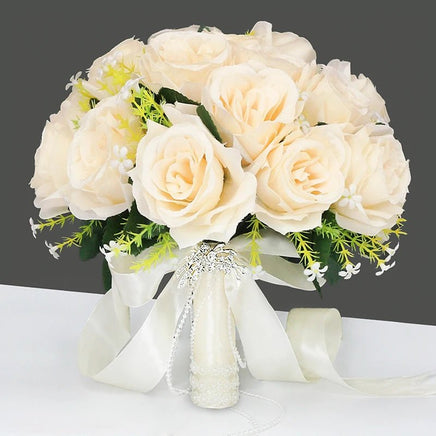 Prom Bouquet Bride Bridesmaid Silk Ribbon Artificial Roses Pink 2