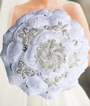 Prom Bouquet Ivory Satin Rose Artificial Flowers Rhinestone Bridesmaid Bouquets - Lusy Store LLC