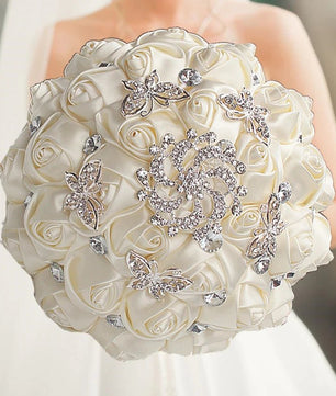 Prom Bouquet Ivory Satin Rose Artificial Flowers Rhinestone Bridesmaid Bouquets - Lusy Store LLC