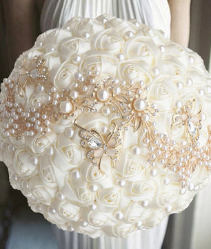 Prom Bouquet Ivory Satin Rose Artificial Flowers Rhinestone Bridesmaid Bouquets - Lusy Store LLC
