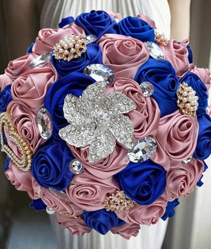 Prom Bouquet Ivory Satin Rose Artificial Flowers Rhinestone Bridesmaid Bouquets - Lusy Store LLC