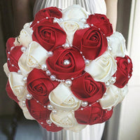 Prom Bouquet Ivory Satin Rose Artificial Flowers Rhinestone Bridesmaid Bouquets - Lusy Store LLC