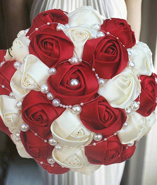 Prom Bouquet Ivory Satin Rose Artificial Flowers Rhinestone Bridesmaid Bouquets - Lusy Store LLC