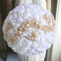 Prom Bouquet Ivory Satin Rose Artificial Flowers Rhinestone Bridesmaid Bouquets - Lusy Store LLC