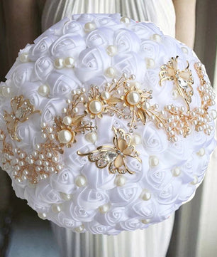 Prom Bouquet Ivory Satin Rose Artificial Flowers Rhinestone Bridesmaid Bouquets - Lusy Store LLC