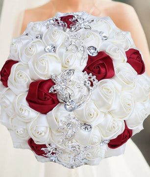 Prom Bouquet Ivory Satin Rose Artificial Flowers Rhinestone Bridesmaid Bouquets - Lusy Store LLC