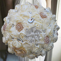 Prom Bouquet Ivory Satin Rose Artificial Flowers Rhinestone Bridesmaid Bouquets - Lusy Store LLC