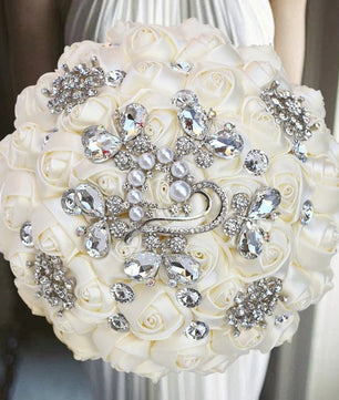 Prom Bouquet Ivory Satin Rose Artificial Flowers Rhinestone Bridesmaid Bouquets - Lusy Store LLC