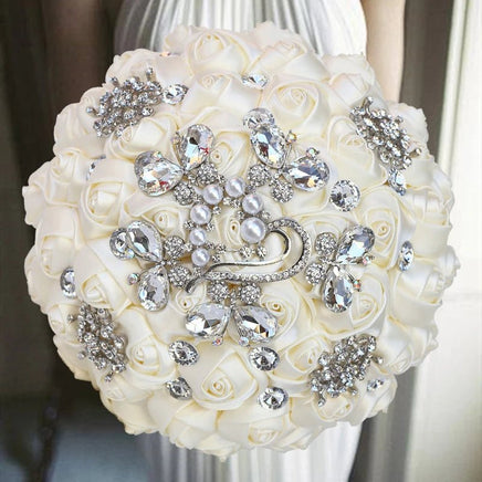 Prom Bouquet Ivory Satin Rose Artificial Flowers Rhinestone Bridesmaid Bouquets