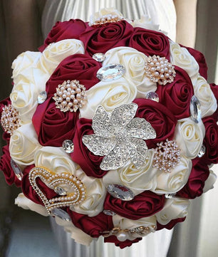 Prom Bouquet Ivory Satin Rose Artificial Flowers Rhinestone Bridesmaid Bouquets - Lusy Store LLC