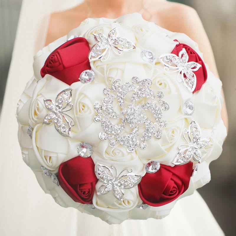 Prom Bouquet Ivory Satin Rose Artificial Flowers Rhinestone Bridesmaid Bouquets - Lusy Store LLC