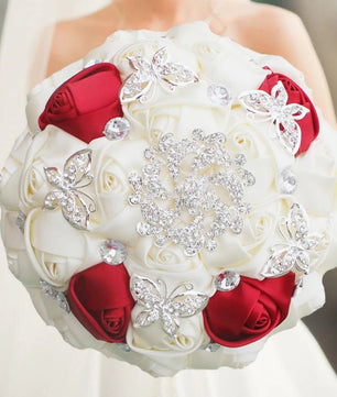 Prom Bouquet Ivory Satin Rose Artificial Flowers Rhinestone Bridesmaid Bouquets - Lusy Store LLC