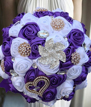 Prom Bouquet Ivory Satin Rose Artificial Flowers Rhinestone Bridesmaid Bouquets - Lusy Store LLC