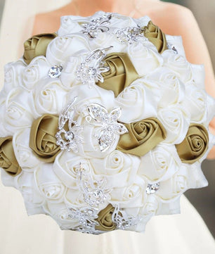 Prom Bouquet Ivory Satin Rose Artificial Flowers Rhinestone Bridesmaid Bouquets - Lusy Store LLC